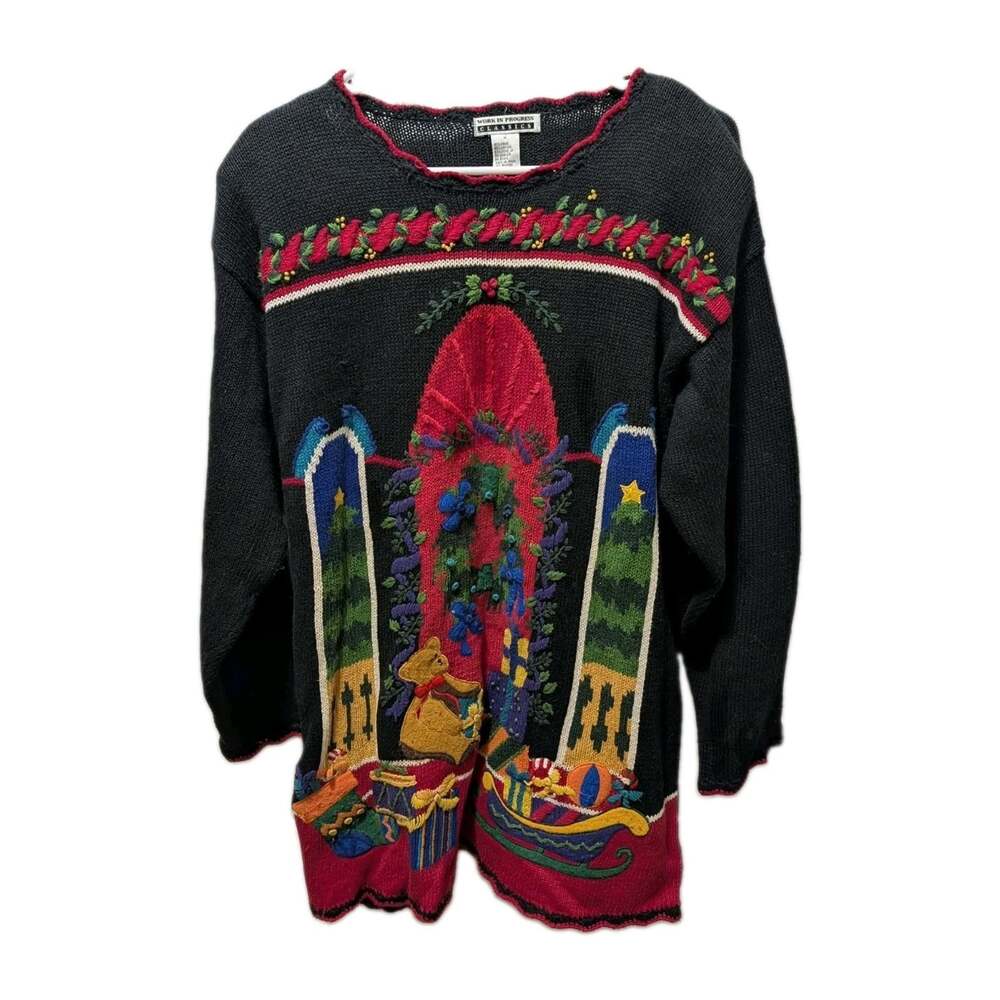 Vintage Ugly Christmas Sweater Womens Size M Teddy Bear Sleigh Presents Gifts